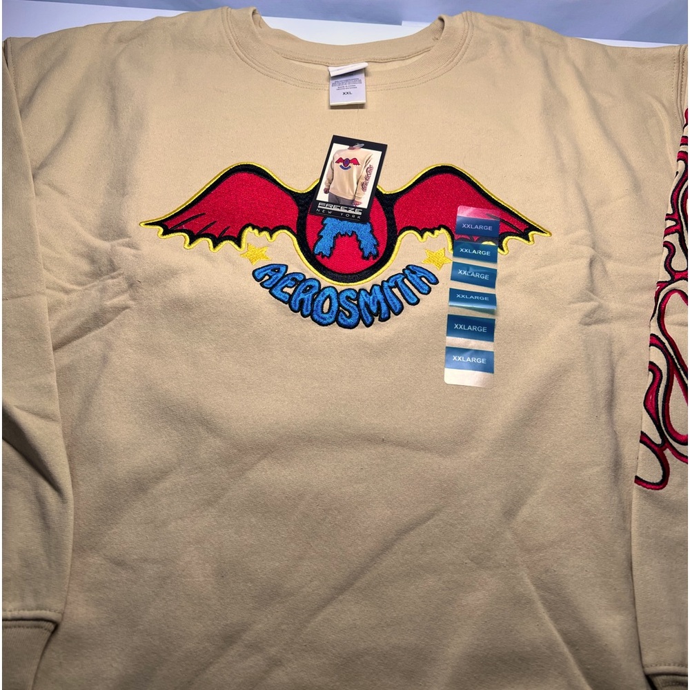 Aerosmith Crew Neck Sweatshirt Embroidered Logo Front Back Sleeve XXL Tan